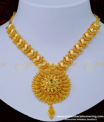 NLC1004 - 1 gram Gold Net Pattern Leaf Design Emerald Stone Necklace for Wedding