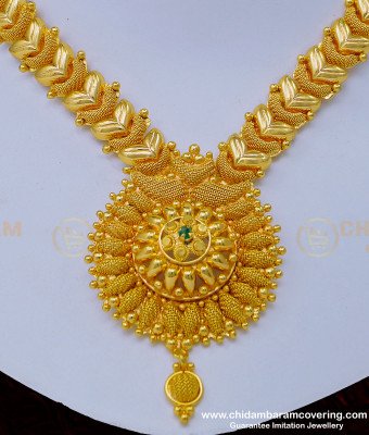 NLC1004 - 1 gram Gold Net Pattern Leaf Design Emerald Stone Necklace for Wedding