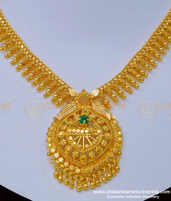 NLC1005 - Gold Design Single Emerald Stone One Gram Gold Necklace for Wedding