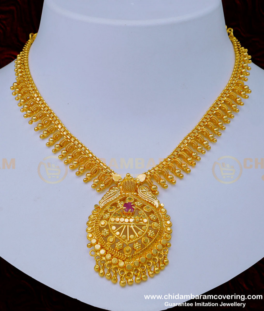 NLC1006 - Gold Design Ruby Stone Necklace One Gram Gold Plated Jewellery Online 