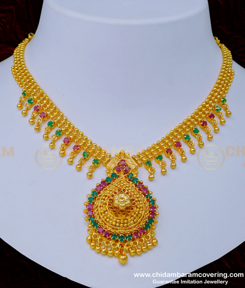 NLC1007 - Attractive Ruby Emerald Stone Gold Plated Bridal Stone Necklace Designs for Wedding