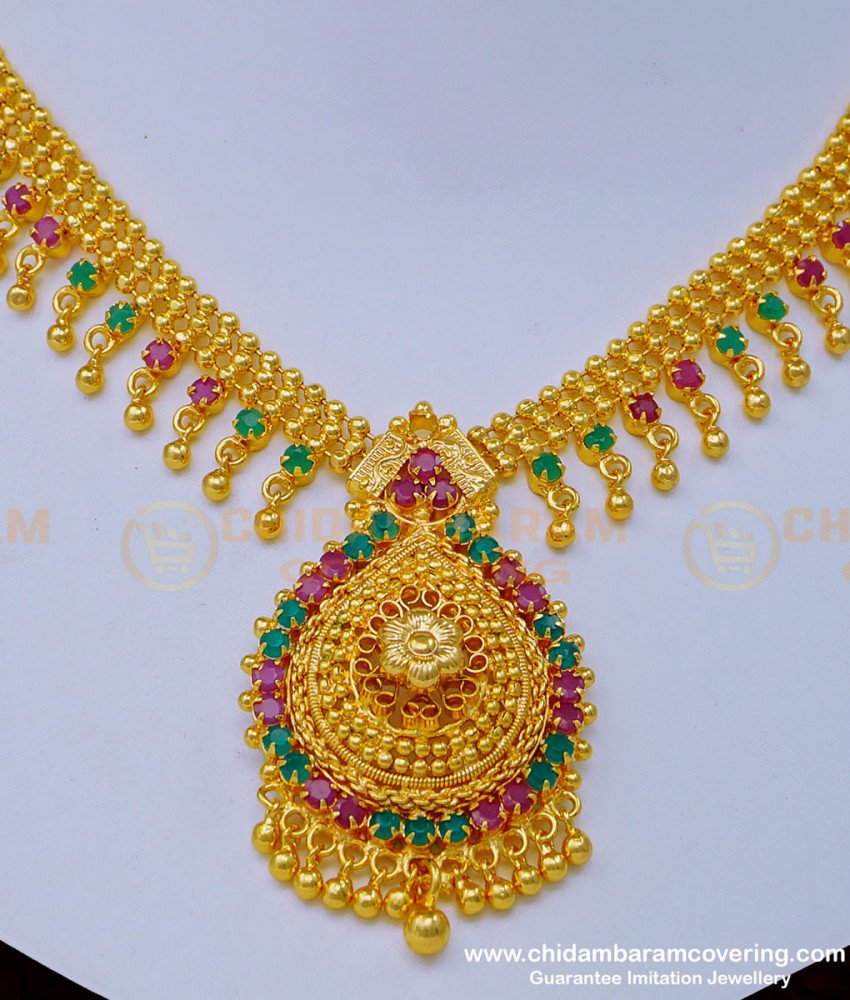 NLC1007 - Attractive Ruby Emerald Stone Gold Plated Bridal Stone Necklace Designs for Wedding