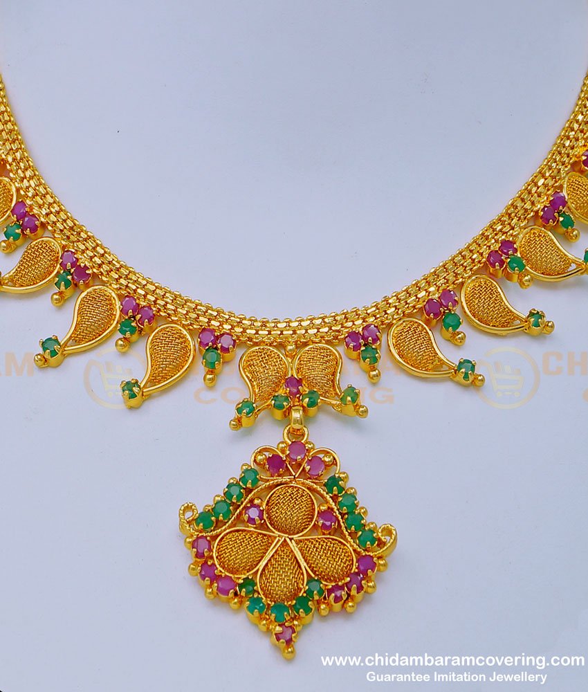 NLC1010 - Unique Designer Ruby Emerald Mango Design Necklace Guarantee Necklace Online
