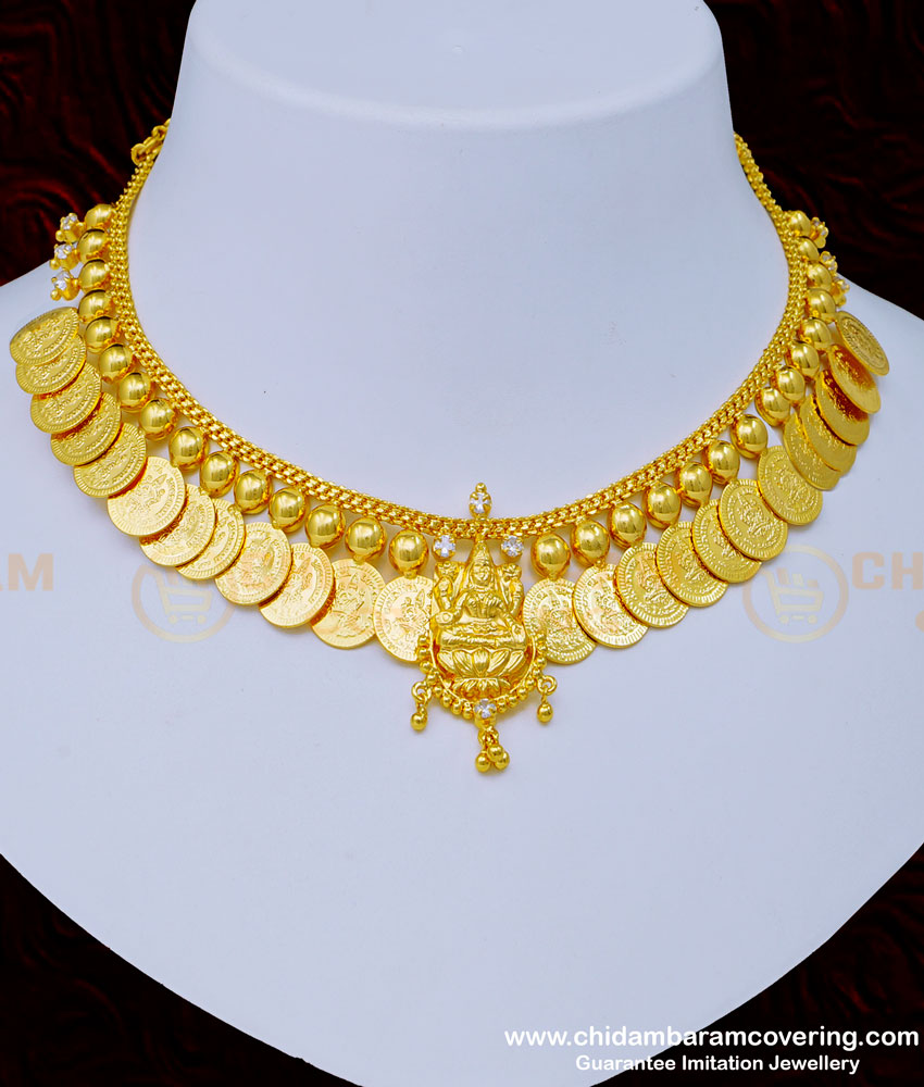NLC1015 - New One Gram Gold Ad Stone Lakshmi Design Gold Kasu Mala Necklace for Wedding