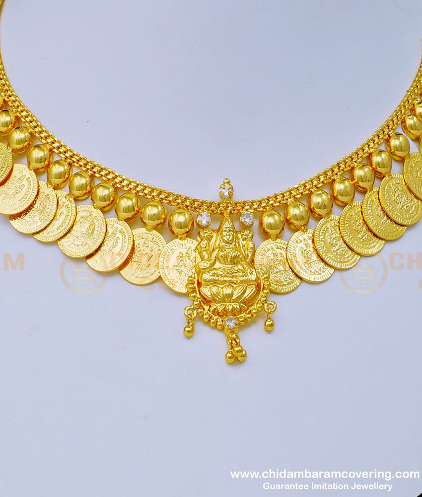 NLC1015 - New One Gram Gold Ad Stone Lakshmi Design Gold Kasu Mala Necklace for Wedding