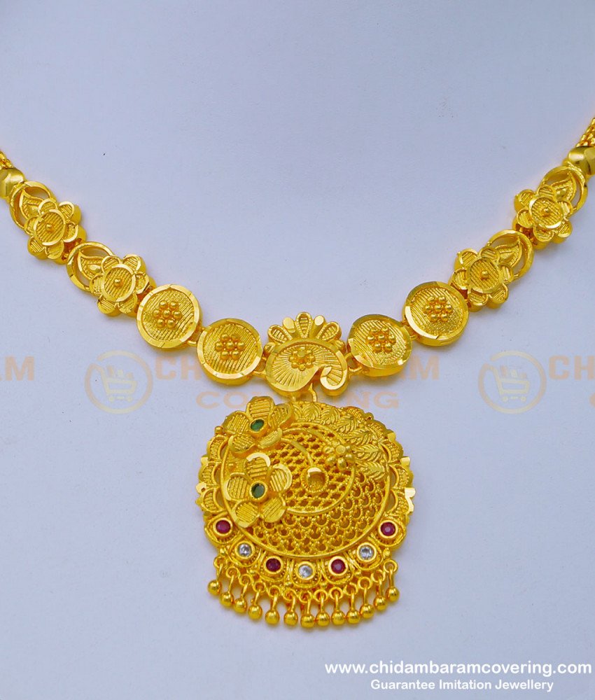 NLC1020 - Bridal Wear Real Gold Design Forming Gold Stone Necklace for Wedding 
