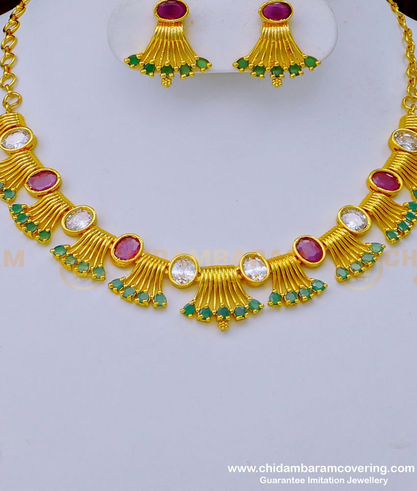 NLC1029 - Elegant First Quality Gold Plated American Diamond Party Wear Necklace Set 