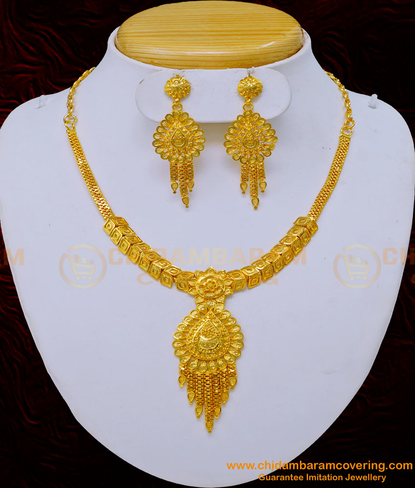 NLC1031 - Forming Gold Plain Necklace Design with Earrings One Gold Plated Jewellery