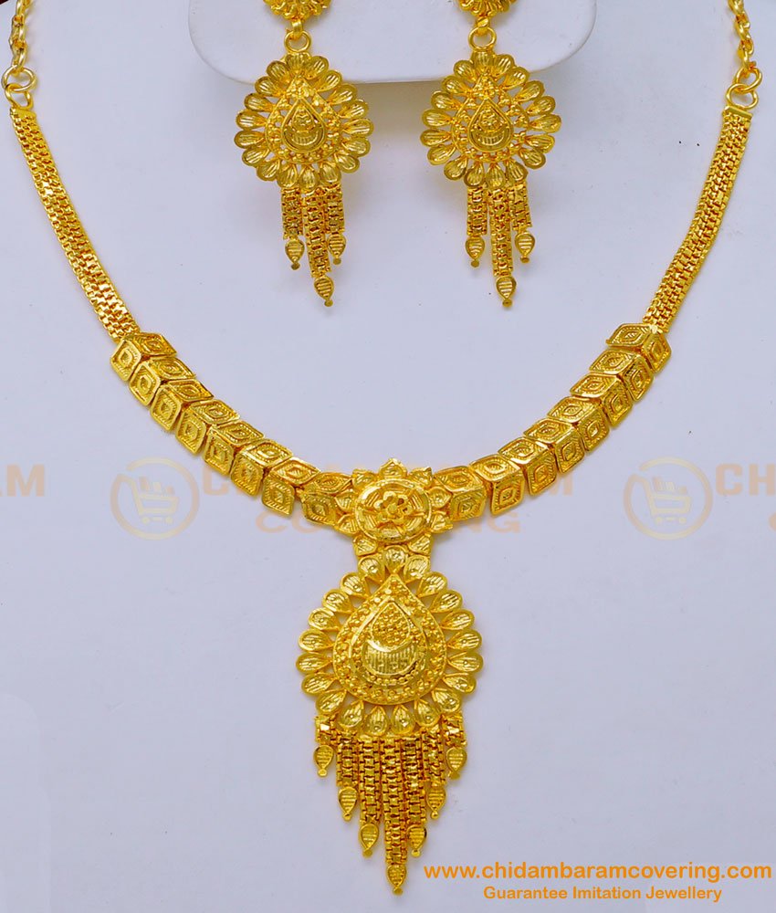 NLC1031 - Forming Gold Plain Necklace Design with Earrings One Gold Plated Jewellery