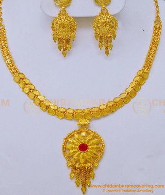 NLC1032 - Gold Design Ruby Stone Forming Gold Earrings with Necklace Set Imitation Jewellery