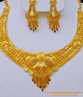 NLC1033 - Stunning Gold High Quality Forming Gold Enamel Necklace with Earrings Set 