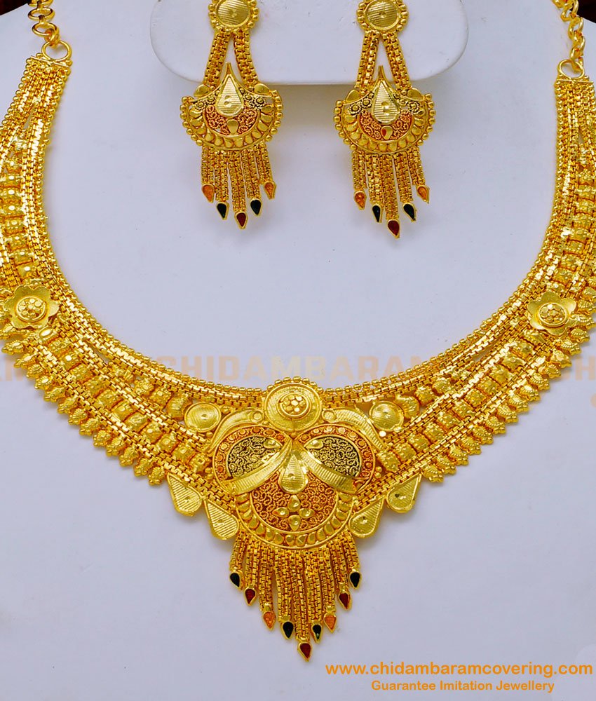 NLC1033 - Stunning Gold High Quality Forming Gold Enamel Necklace with Earrings Set 