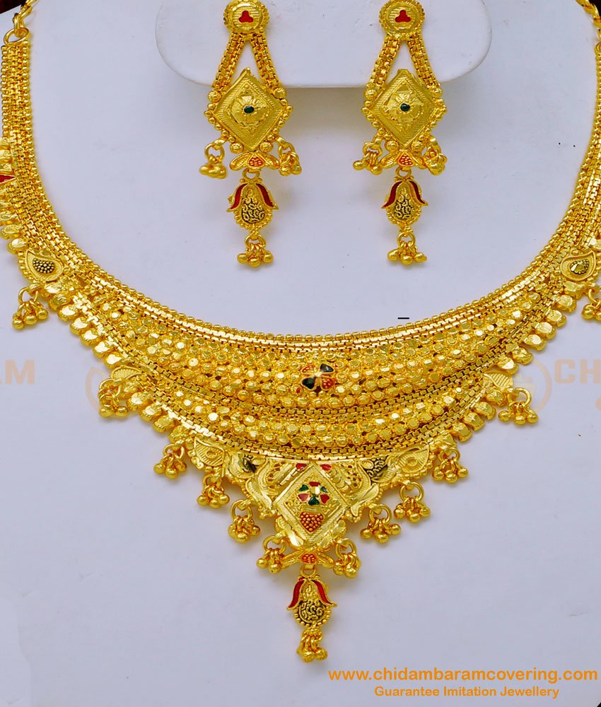 NLC1037 - Real Gold Design First Quality Forming Gold Enamel Necklace Set for Wedding