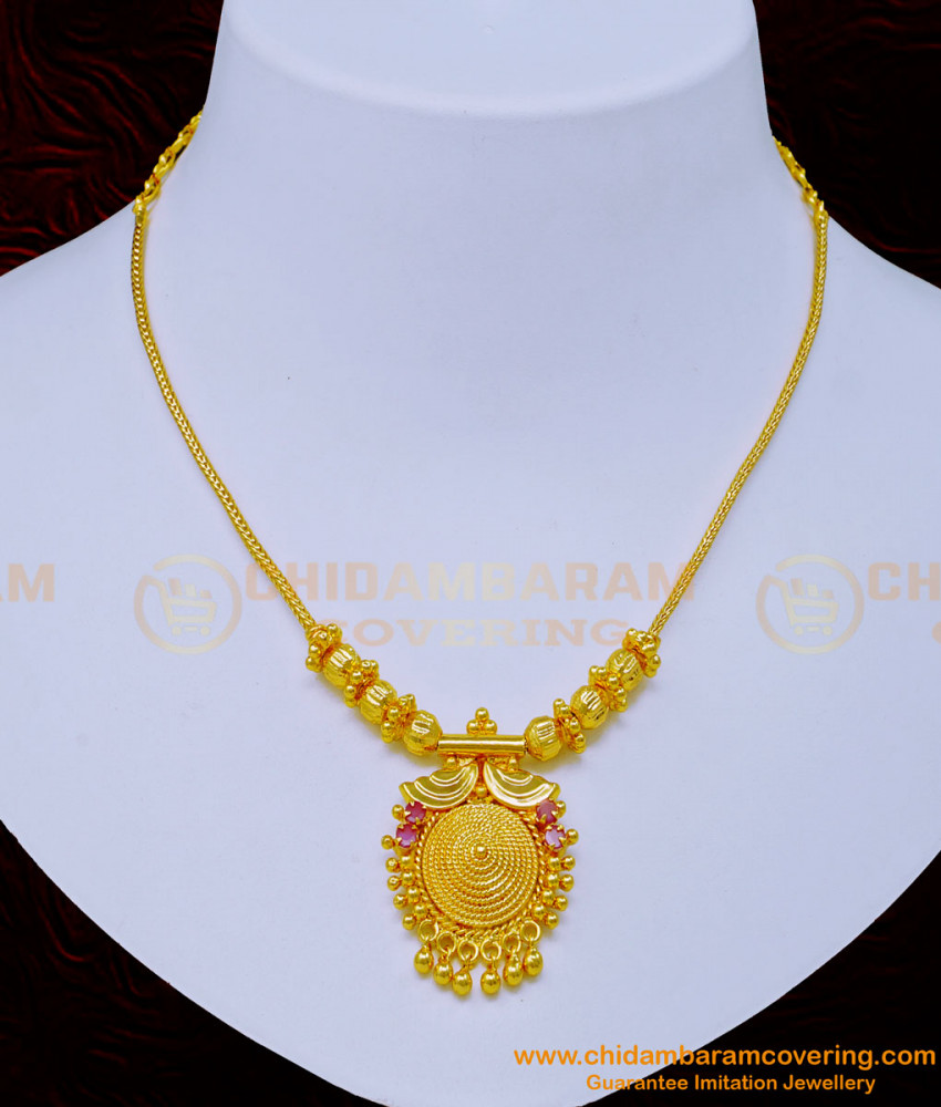 NLC1038 - One Gram Gold Plated Ruby Stone Simple Necklace Design for Ladies