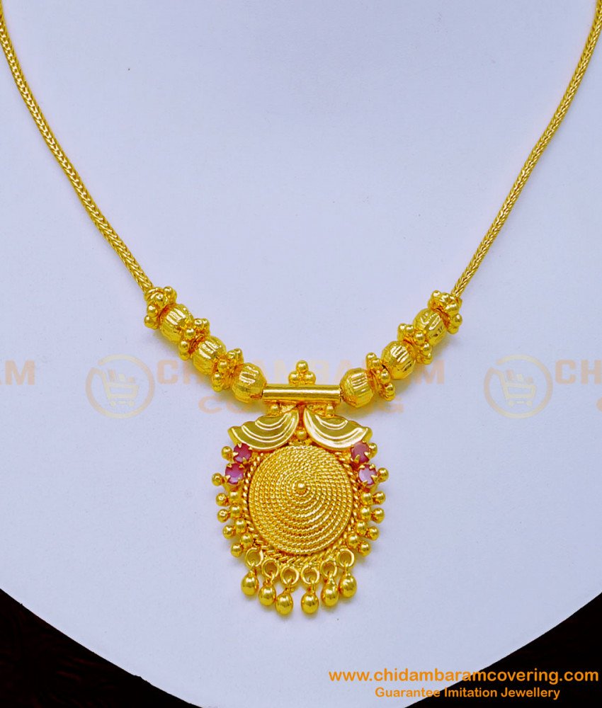 NLC1038 - One Gram Gold Plated Ruby Stone Simple Necklace Design for Ladies
