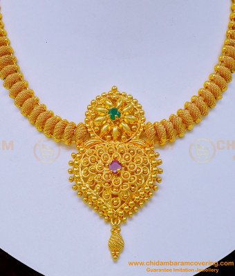 NLC1043 - 1 Gram Gold Net Pattern Ruby Emerald Stone Necklace for Wedding