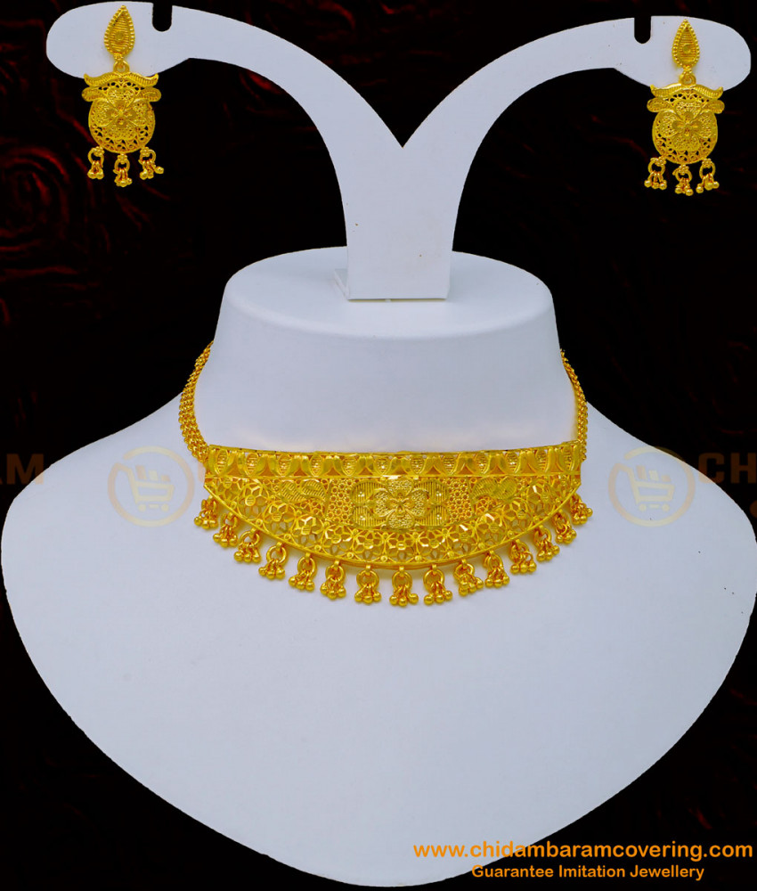 Nlc1054 - Beautiful Bridal Wear Light Weight Gold Forming Mini Choker Necklace Set Online
