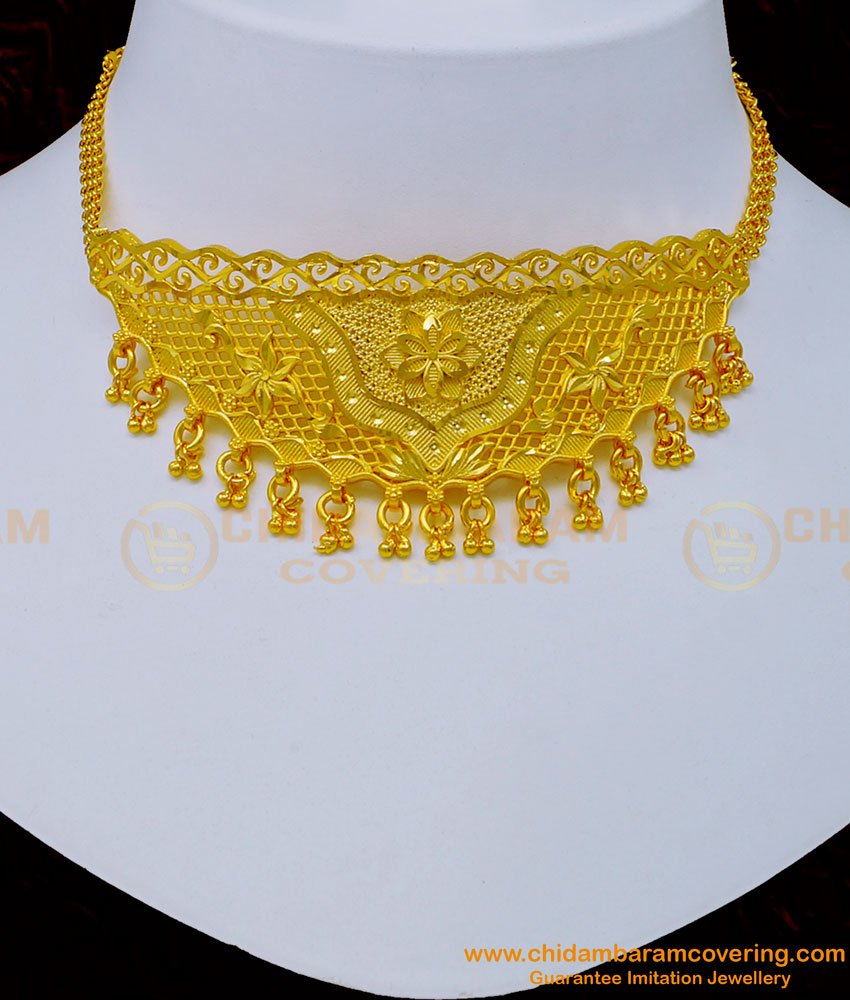 Nlc1055 - Latest Choker Necklace Design Bridal Wear Light Weight Forming Gold Choker with Earrings