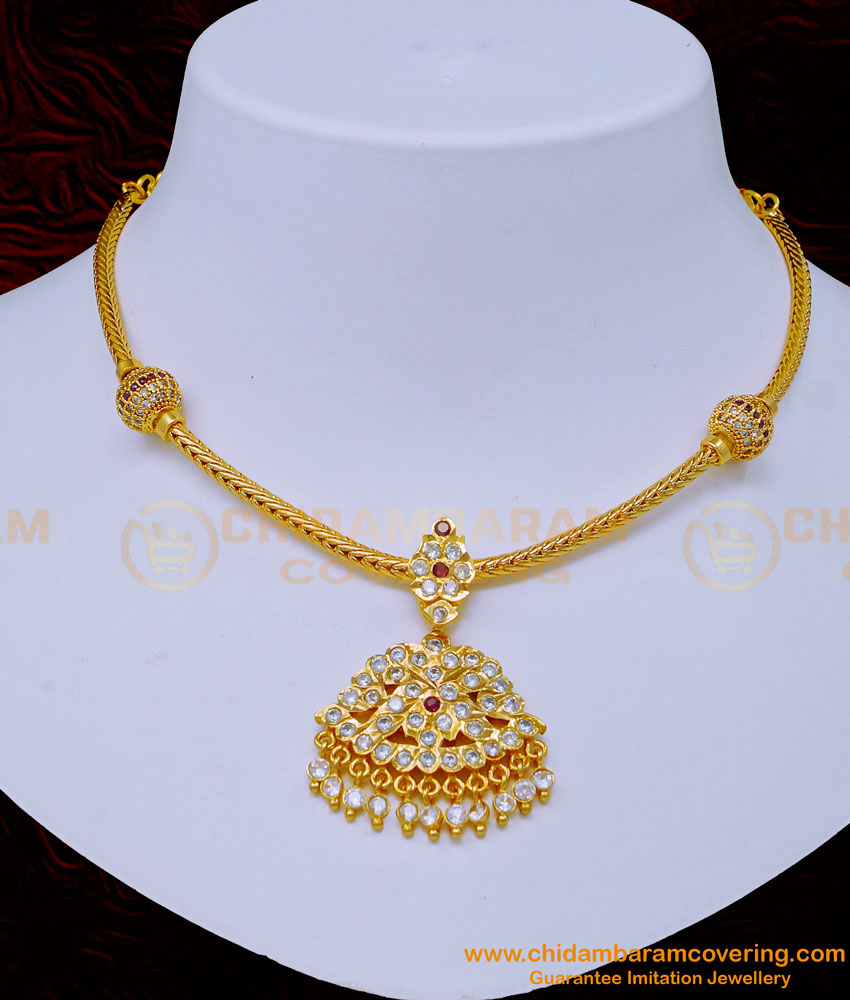 NLC1059 - Trendy Gold Plated Impon Side Balls Mugappu Impon Stone Attigai Necklace for Women