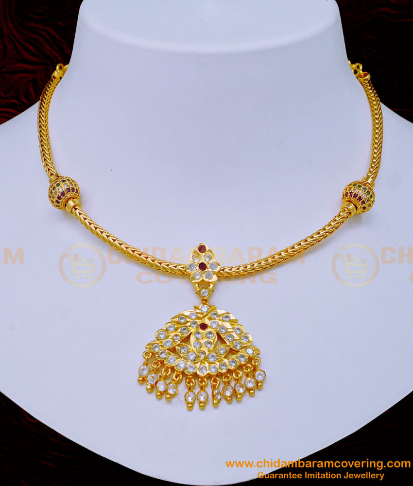 NLC1060 - South Indian Impon Jewellery White and Ruby Stone Attigai Necklace Buy Online 