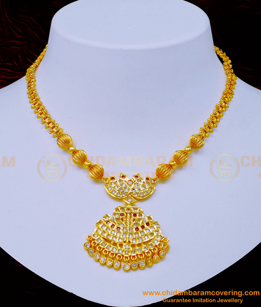 NLC1065 - Latest Collection White and Ruby Stone Impon Swan Design Dollar Attigai for Wedding 