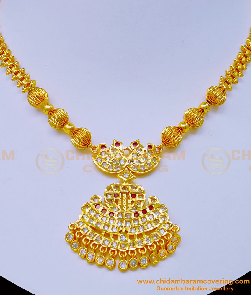NLC1065 - Latest Collection White and Ruby Stone Impon Swan Design Dollar Attigai for Wedding 