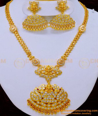 NLC1068 - Latest Impon White Stone Lakshmi Design Necklace with Earrings Five Metal Jewellery Online