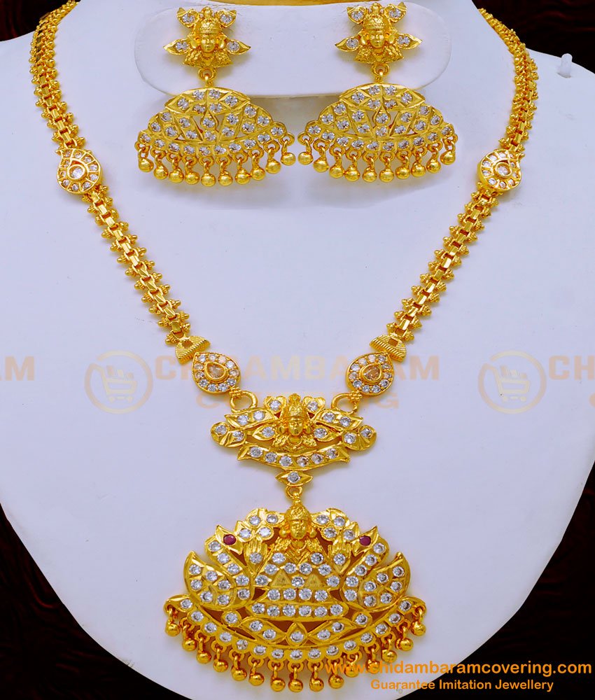 NLC1068 - Latest Impon White Stone Lakshmi Design Necklace with Earrings Five Metal Jewellery Online