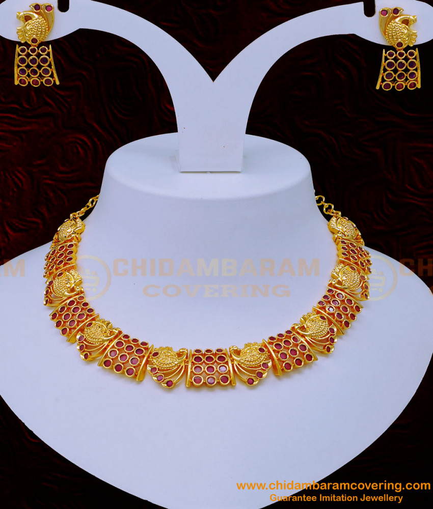 NLC1069 - Elegant Ruby Stone Party Wear Peacock Design Necklace Set First Quality 1 Gram Gold Jewellery
