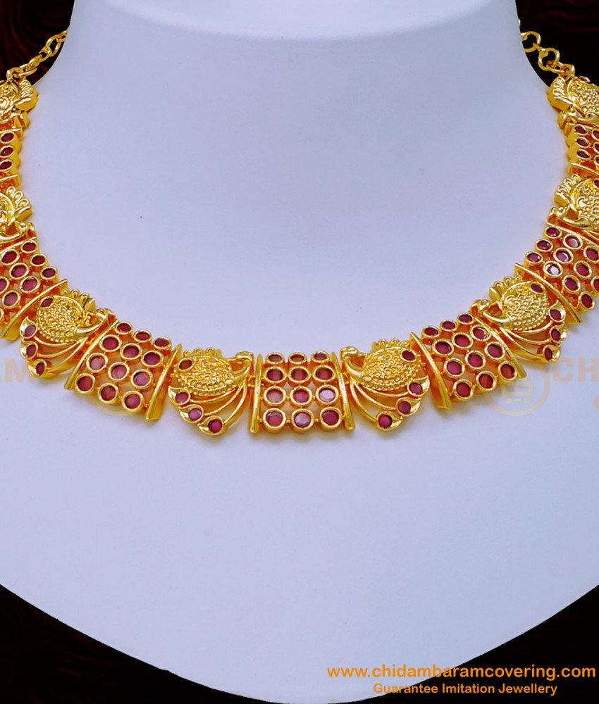 NLC1069 - Elegant Ruby Stone Party Wear Peacock Design Necklace Set First Quality 1 Gram Gold Jewellery