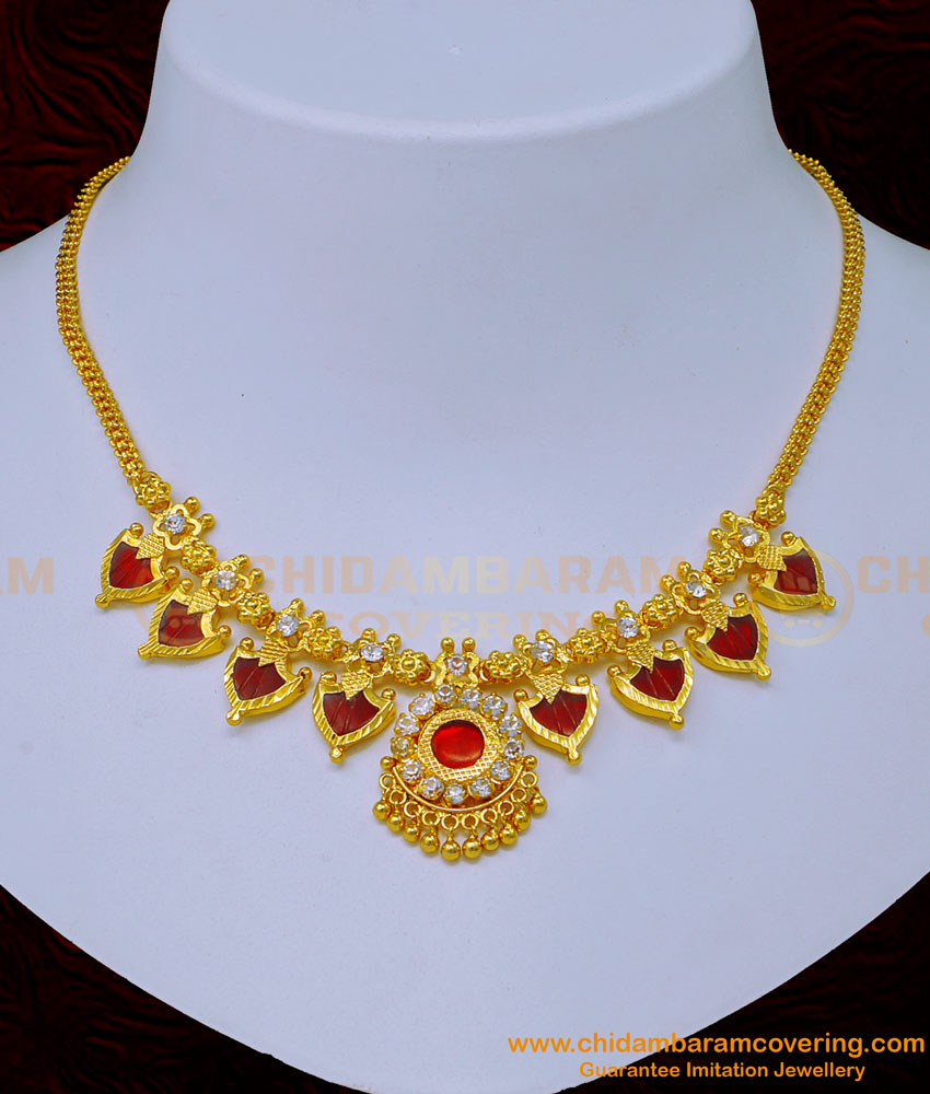 NLC1093 - Traditional Palakka Mala Kerala Bridal Wear White Stone with Red Palakka Necklace Online