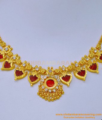 NLC1093 - Traditional Palakka Mala Kerala Bridal Wear White Stone with Red Palakka Necklace Online