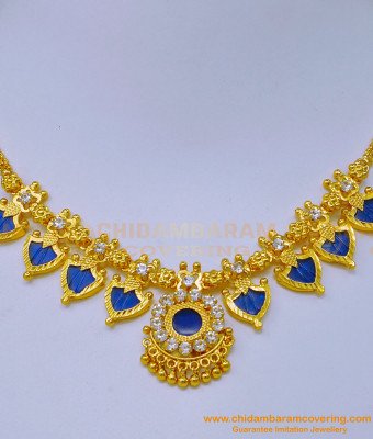 NLC1094 - One Gram Gold Plated Blue Palakka Mala Design Bridal Wear Necklace
