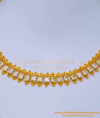 NLC1102 - American Diamond Single Line White Stone Necklace Gold Design for Wedding 
