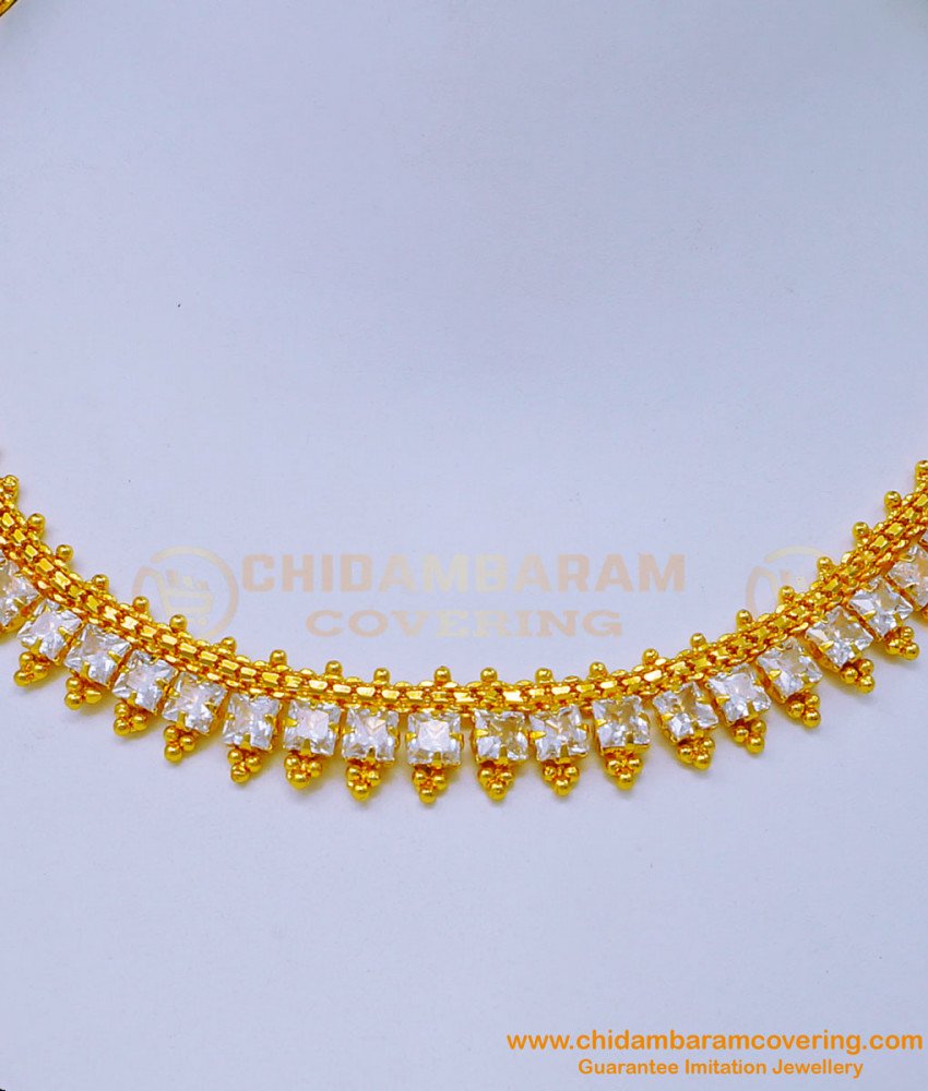 NLC1102 - American Diamond Single Line White Stone Necklace Gold Design for Wedding 