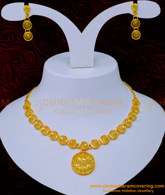 NLC1104 - One Gram Gold Light Weight Dubai Gold Necklace Design with Earrings Online
