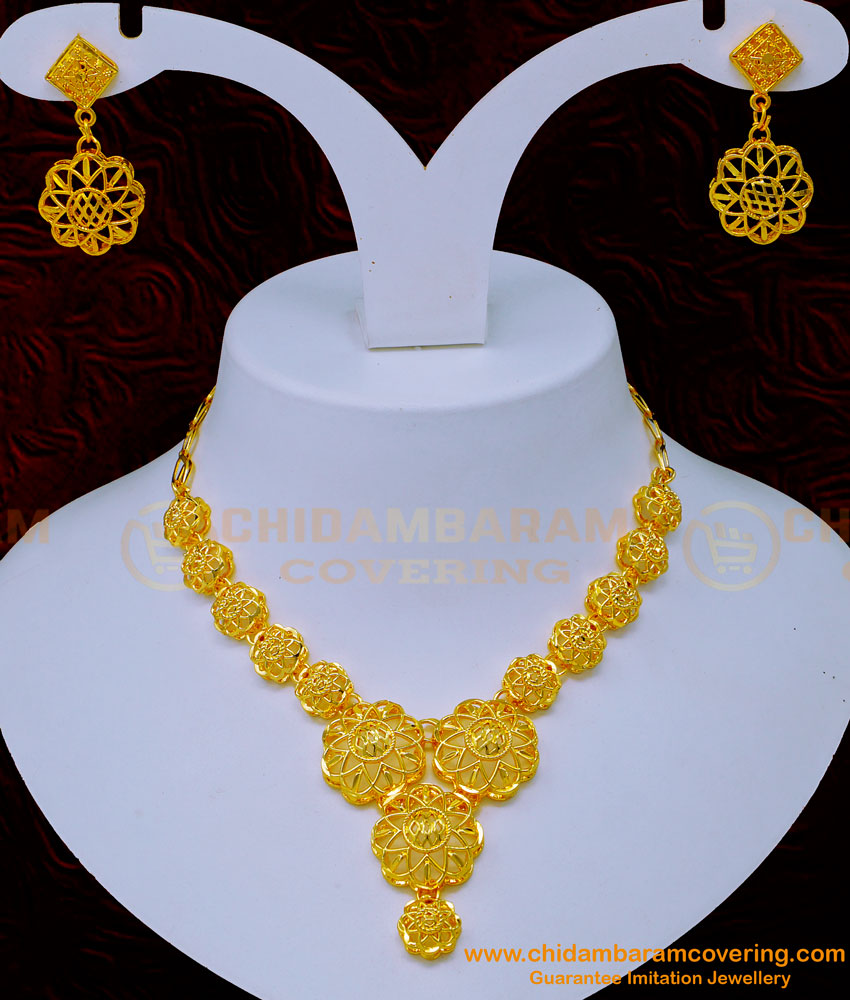 NLC1105 - Latest Light Weight Flower Design Dubai Necklace with Earrings for Women 