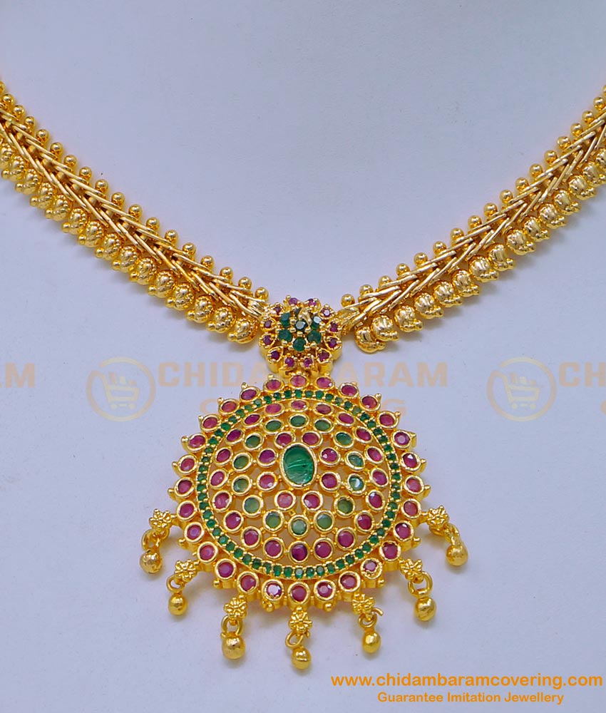 NLC1113 - South Indian Wedding Jewellery Ruby Emerald Stone Attigai Necklace Design Online