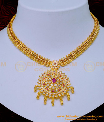NLC1114 - Attigai Style Diamond Necklace Design White and Ruby Stone Necklace for Women 