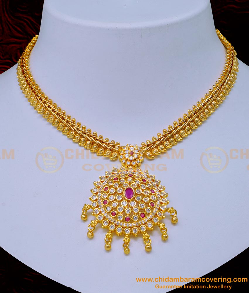 NLC1114 - Attigai Style Diamond Necklace Design White and Ruby Stone Necklace for Women 