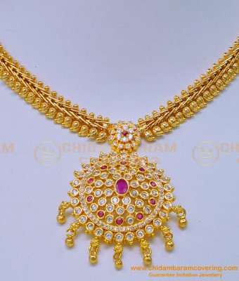 NLC1114 - Attigai Style Diamond Necklace Design White and Ruby Stone Necklace for Women 