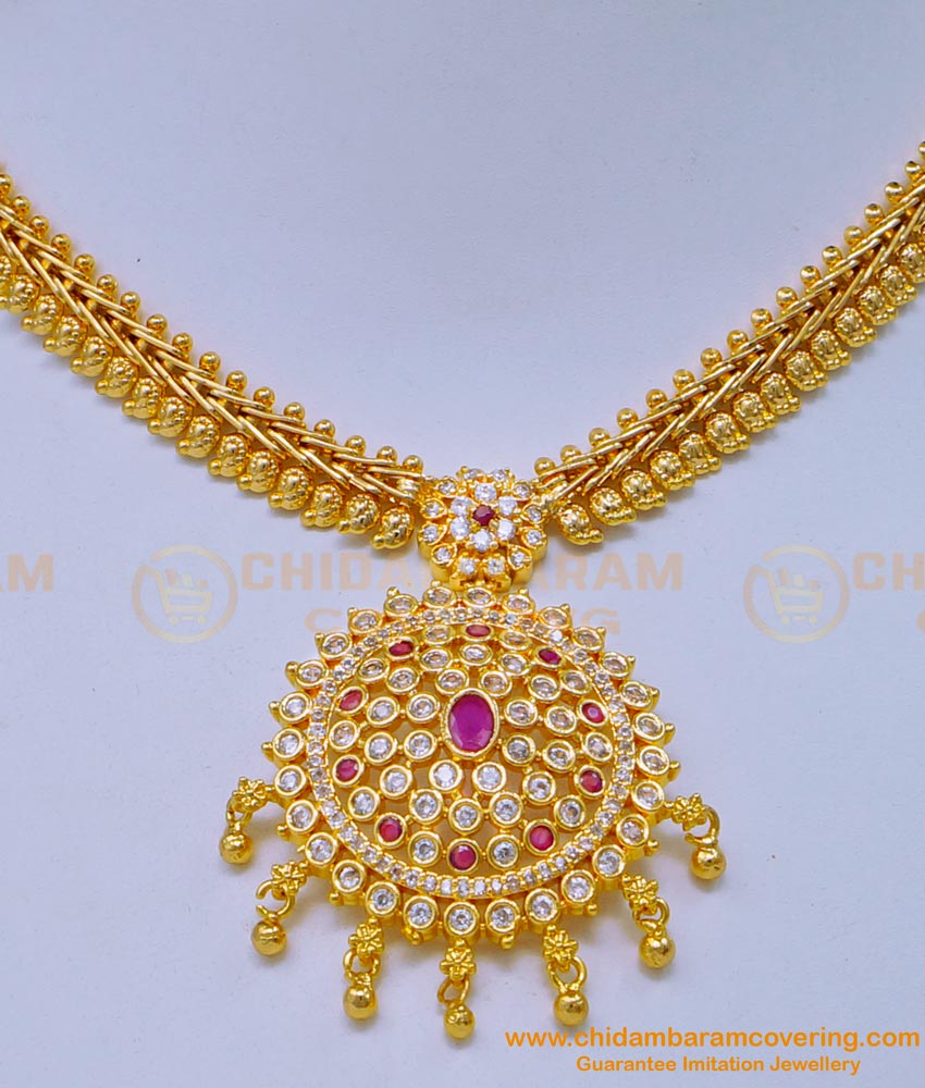 NLC1114 - Attigai Style Diamond Necklace Design White and Ruby Stone Necklace for Women 