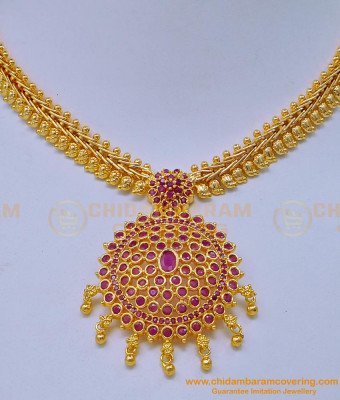 NLC1115 - Latest Gold Plated Bridal Wear Mango Model Chain Attigai Style Ruby Necklace Design 