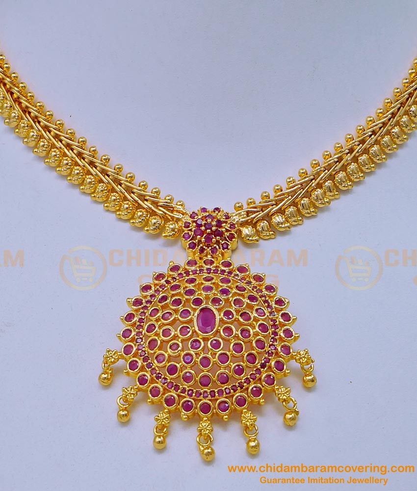 NLC1115 - Latest Gold Plated Bridal Wear Mango Model Chain Attigai Style Ruby Necklace Design 