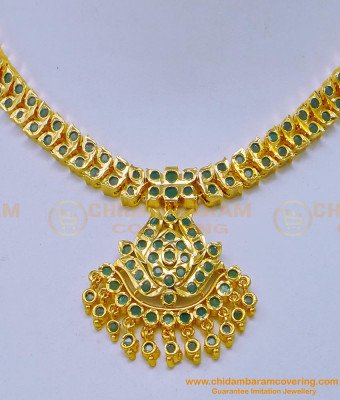 NLC1116 - Traditional Gold Attigai Design Full Emerald Stone Impon Necklace for Women