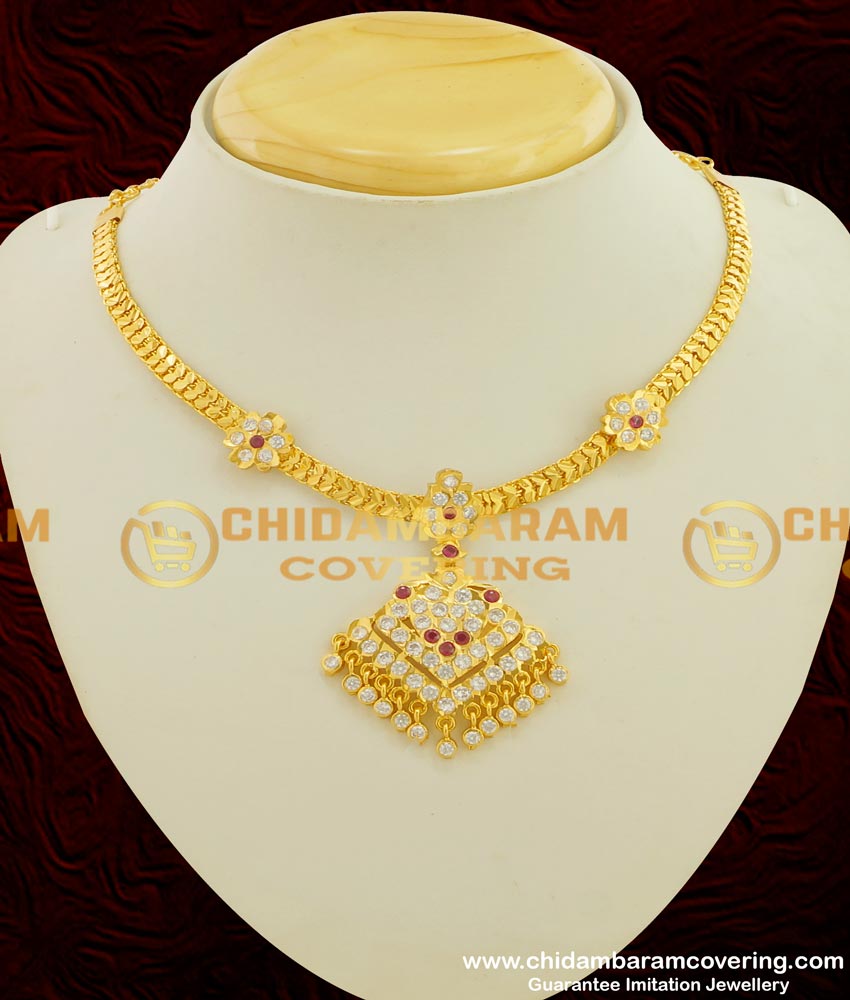 NLC112 - White and Red Stones Traditional Attigai Gold Plated South Indian Jewellery Online