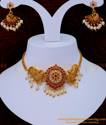 NLC1123 - Attractive Ruby Kemp Stone Peacock Design Short Antique Choker Necklace Set