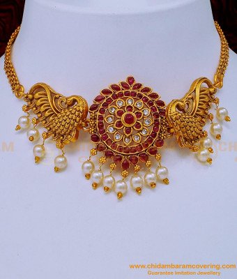 NLC1123 - Attractive Ruby Kemp Stone Peacock Design Short Antique Choker Necklace Set