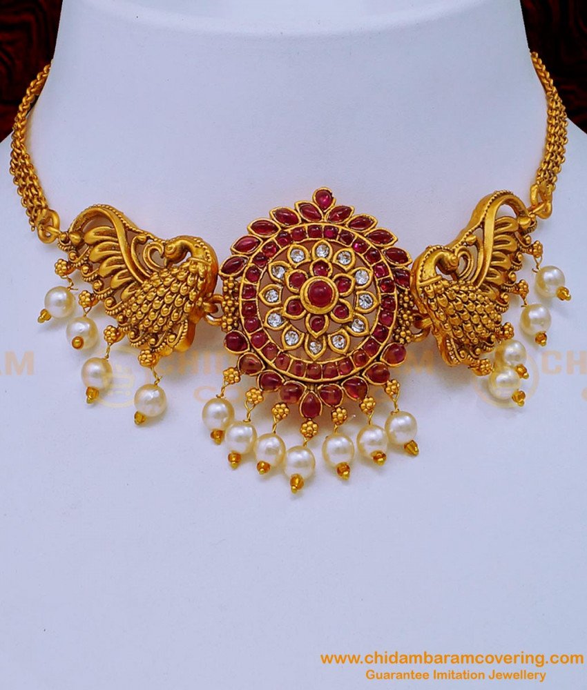 NLC1123 - Attractive Ruby Kemp Stone Peacock Design Short Antique Choker Necklace Set