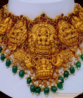 NLC1128 - Premium Quality Temple Jewellery Lakshmi Work Heavy Big Choker Necklace Set Online